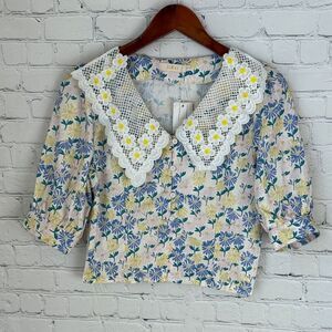 Floral Lace Collar Women's Top - Blue and Yellow Small
